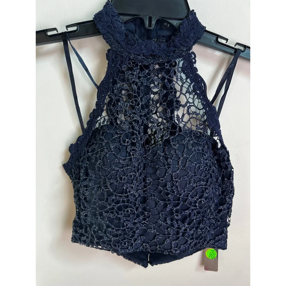 Sequin Hearts Navy Blue Lace Halter Crop Top Size 0‎ NWT - Picture 2 of 10